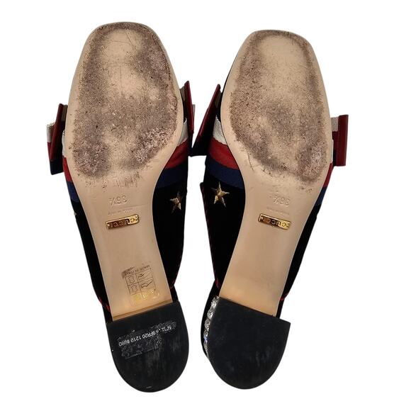 Gucci Sylvie Mule Slipper Black Velvet Star Web Stripe Bow Size 36.5 US 6.5 - Picture 9 of 11